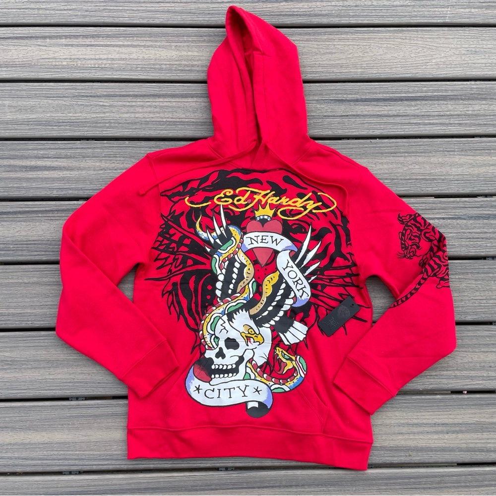 NWT Ed Hardy New York City Skull Snake Eagle Pullover Red Hoodie Mens M